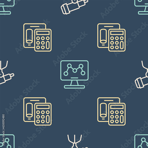 Set line Telescope, Calculator and Genetic engineering on seamless pattern. Vector