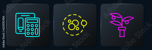 Set line Calculator, Plant breeding and Atom. Black square button. Vector