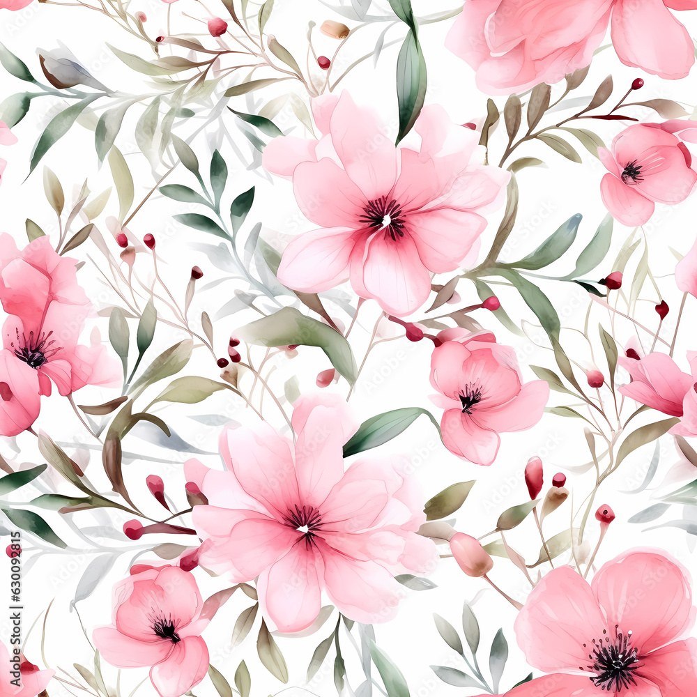 Watercolor flowers, pastel color, seamless tile pattern