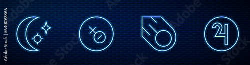 Set line Comet, Moon and stars, Venus symbol and Symbol Jupiter. Glowing neon icon on brick wall. Vector