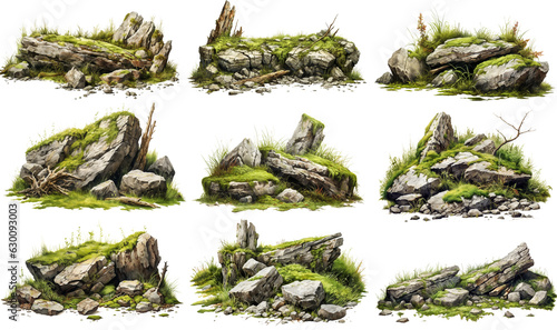 Isolated mossy, forest stones and rocks