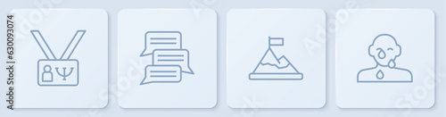 Set line Psychology, Mountains with flag on top, Online psychological counseling and Tear cry eye. White square button. Vector