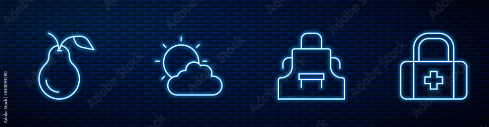 Set line Kitchen apron, Pear, Sun and cloud weather and First aid kit. Glowing neon icon on brick wall. Vector Set line Kitchen apron, Pear, Sun and cloud weather and First aid kit. Glowing neon icon on brick wall. Vector