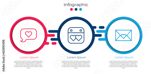 Set line Heart in speech bubble, Calendar with heart and Envelope Valentine. Business infographic template. Vector