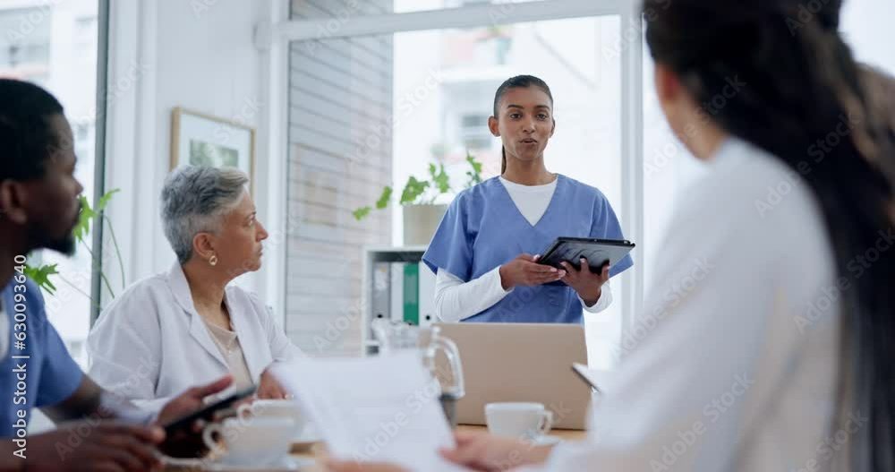 Woman, doctor and tablet with training in meeting for coaching, ideas or teamwork at hospital. Female person, nurse or mentor question staff with technology for medical strategy or planning surgery Woman, doctor and tablet with training in meeting for coaching, ideas or teamwork at hospital. Female person, nurse or mentor question staff with technology for medical strategy or planning surgery