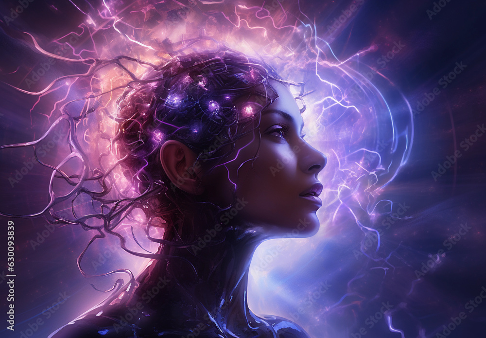 Woman’s head enveloped in a vibrant aura of purple energy, symbolizing the power and mystery of the brain's neuroscientific workings. neural energy, neuroscience (Generated with AI)
