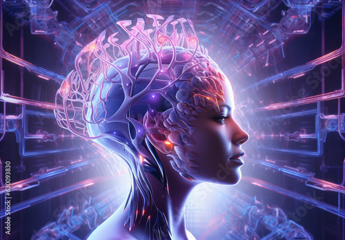 Woman’s head enveloped in a vibrant aura of purple energy, symbolizing the power and mystery of the brain's neuroscientific workings. neural energy, neuroscience (Generated with AI)