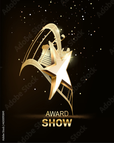 Film stripes reels realistic composition with light glows and golden figurine award with clapper and bobbin vector illustration