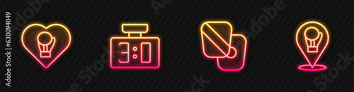 Set line Boxing training paws, glove, Sport mechanical scoreboard and . Glowing neon icon. Vector