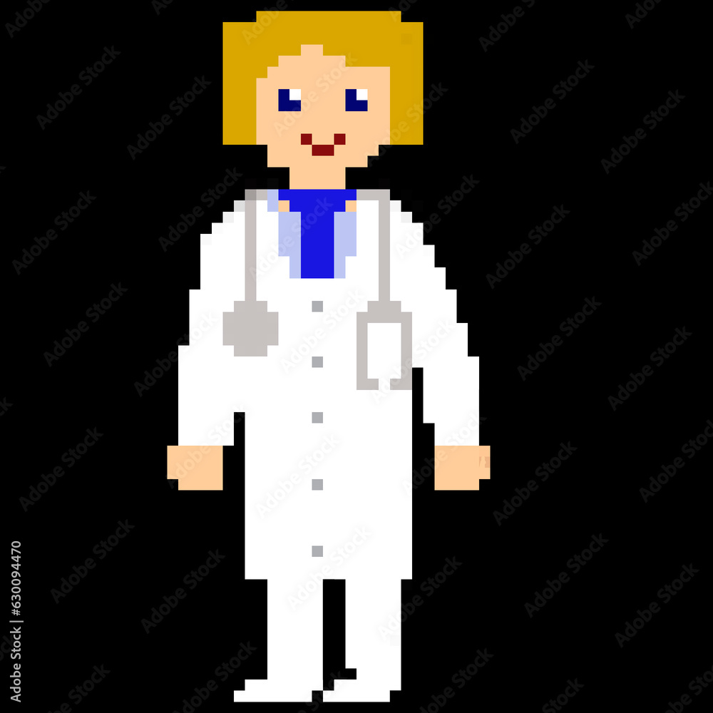 Pixel Art: Doctor with blue eyes and a stethoscope.