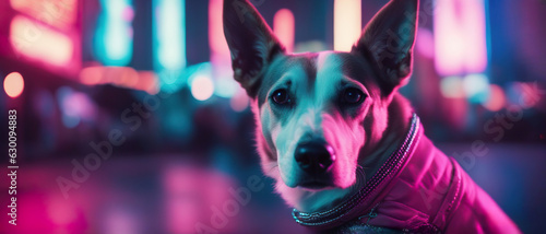 A wide angle shot of a cute dog sitting on background of a blurred cyberpunk city panorama with bright neon lights. Retro synthwave vibes. Futuristic wallpaper. © Valeriy