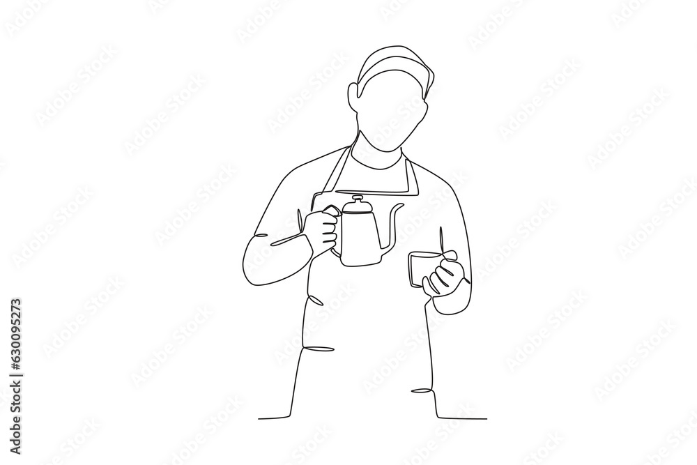 A man holding a cup of coffee and a teapot. International coffee day one-line drawing