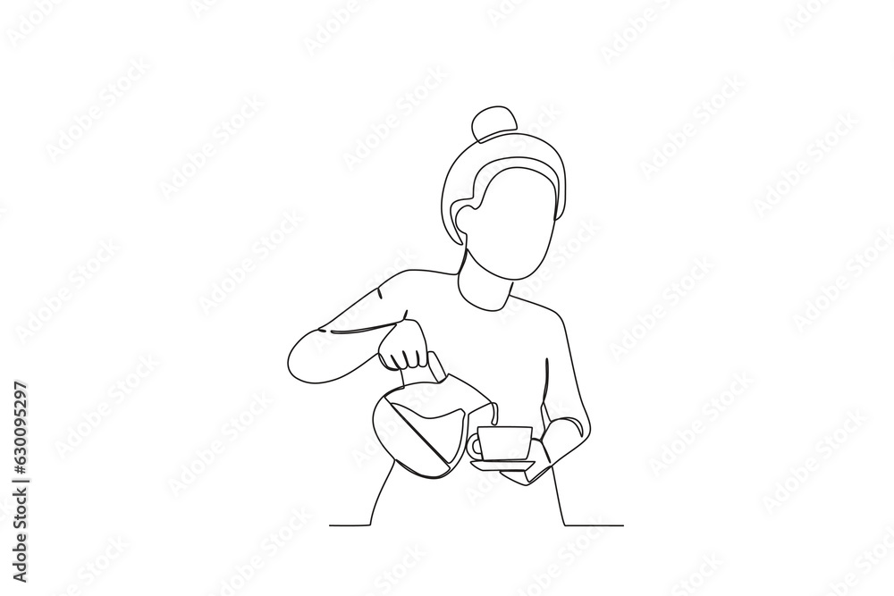 A woman poured a glass of coffee. International coffee day one-line drawing