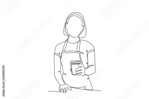 A female barista handed her a cup of coffee. International coffee day one-line drawing