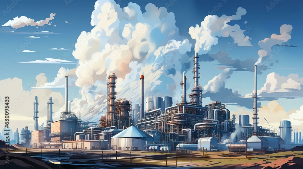 Industrial oil refinery petrochemical chemical plant with equipment and tall pipes. AI generated