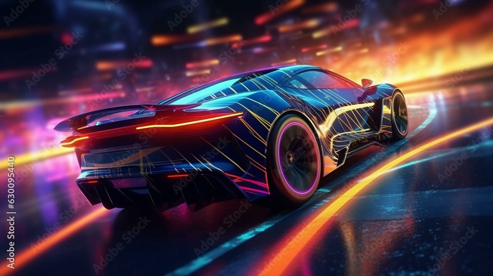 Modern beautiful fast race car sports car is driving fast on the night road with neon rays road. AI generated