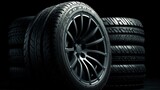 Black round car tires with rubber tread on alloy wheels on a black background. AI generated