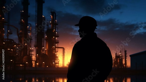 A working engineer in a hard hat stands in front of an oil refinery petrochemical chemical industrial plant with equipment. AI generated