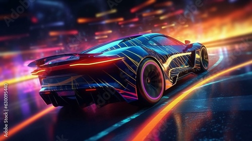 Modern beautiful fast race car sports car is driving fast on the night road with neon rays road. AI generated © Aliaksandra