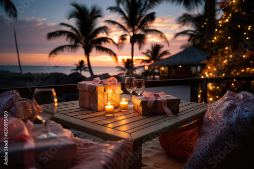 Christmas romantic dinner with gifts on a tropical beach background. 