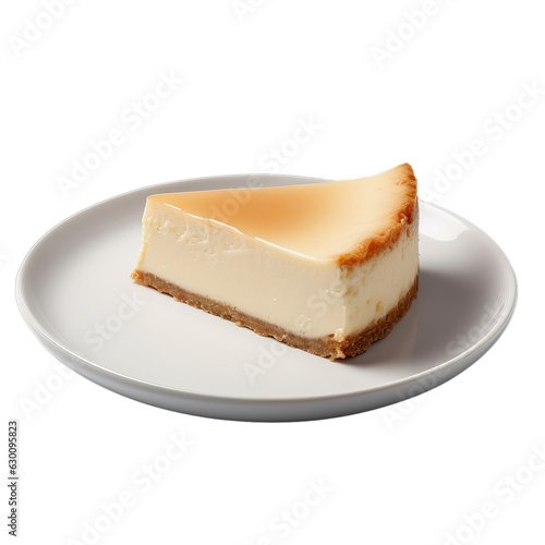 Delicious piece of cheesecake on a white plate isolated on a transparent background