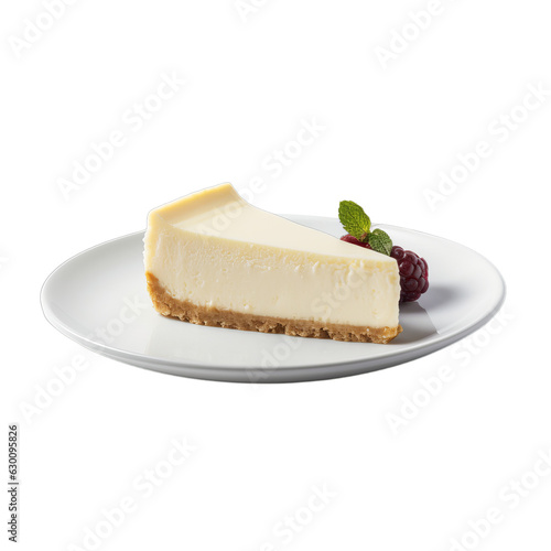 Delicious piece of cheesecake on a white plate with fruit isolated on a transparent background