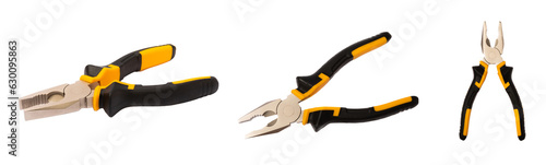 Pliers. Yellow and black pliers isolated on white background. Electrician tool set isolated on white background. banner design.Electrician equipment. photo