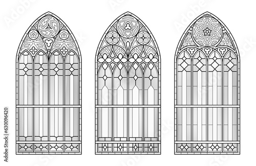 Glass church windows. Three Catholic black and white frames.