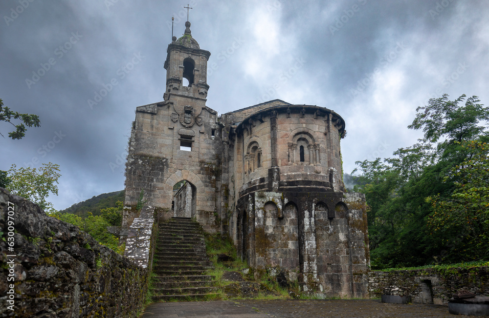 Monastery of San Juan de Caveiro on a cloudy day, Parque Natural de las fraguas del Eume in A Coruña, Galicia, Spain