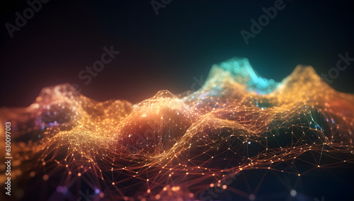 Generative AI wallpaper with abstract network of lines, sine waves and sparkles, dark gold and blue, light shining, data visualization, big data, colorful, layered mesh, bokeh, tilt-shift lenses photo