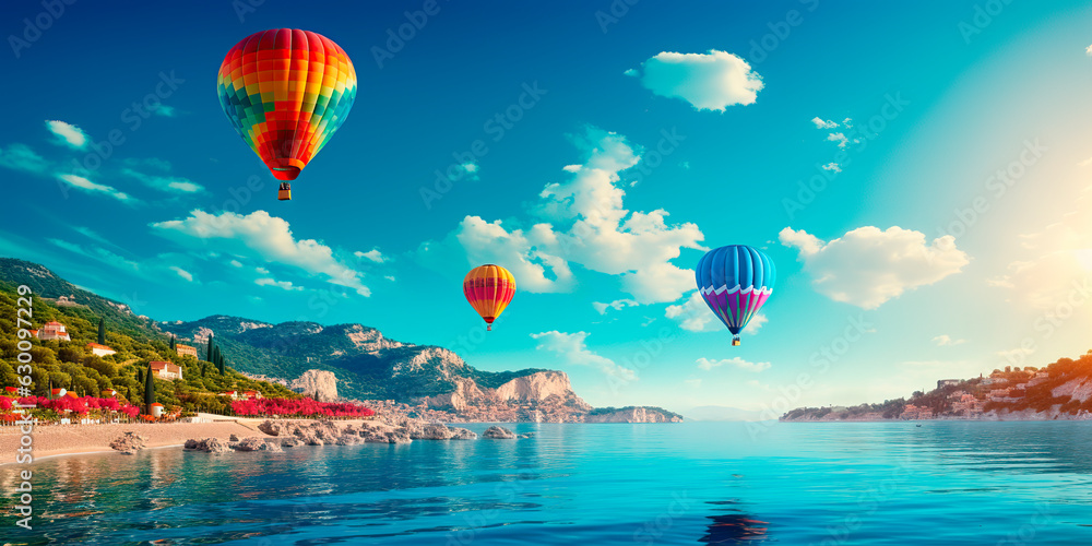 Hot air balloon flies in the sky over the sea near the mountains