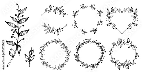 Floral branch hand drawn circle wreath set, vector illustration frame for card or invitations isolate on white background