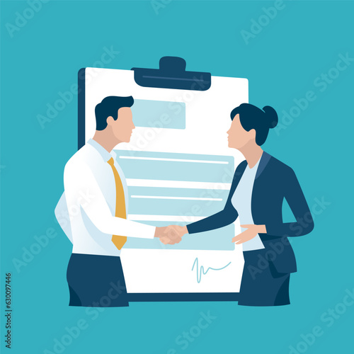 Contract. Cooperation. Signing project. Business people shaking hand in front of a signed contract. Business vector illustration.
