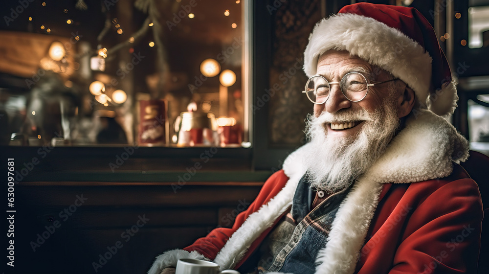 Generative AI image of portrait of smiling senior man seated in Santa Claus hat with long white beard looking away against blurred background Generative AI image of portrait of smiling senior man seated in Santa Claus hat with long white beard looking away against blurred background