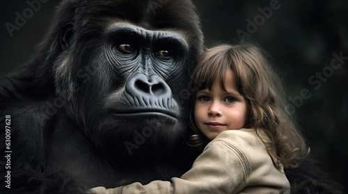 Generative AI illustration of smiling little girl looking at camera while embracing big serious gorilla against blurred background