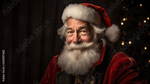 Generative AI image of portrait of smiling senior man in Santa Claus hat with long white beard looking at camera against dark background photo