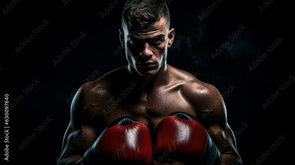 image of a boxer, in excellent physical shape, on a black background, Generative AI 
