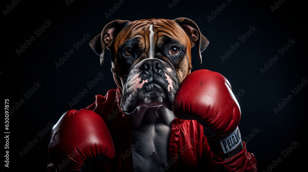 image of a boxer dog, wearing boxing gloves, on a dark background, Generative AI  - obrazy, fototapety, plakaty 