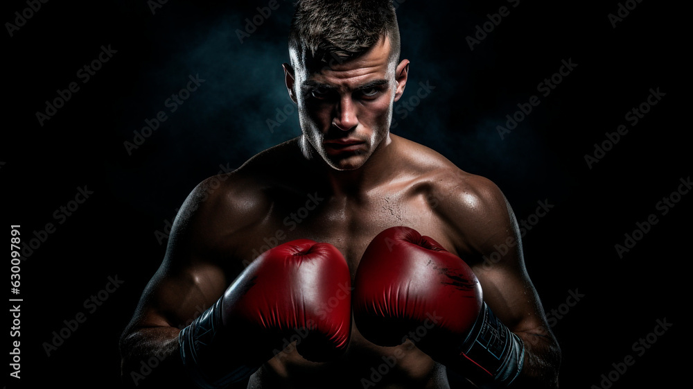 image of a boxer, in excellent physical shape, on a black background, Generative AI 
