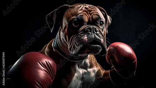 Fotografia image of a boxer dog, wearing boxing gloves, on a dark background, Generative AI