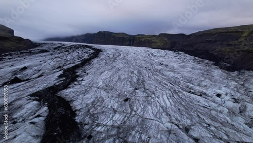 DRONE AERIAL FOOTAGE: Solheimajokull is an outlet glacier of the mighty icecap of Myrdalsjokull on the South Coast of Iceland. It is the fourth-largest ice cap in Iceland. photo