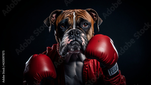 image of a boxer dog, wearing boxing gloves, on a dark background, Generative AI 