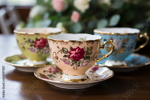 vintage teacups, showcasing their delicate design and evoking a sense of classic elegance 