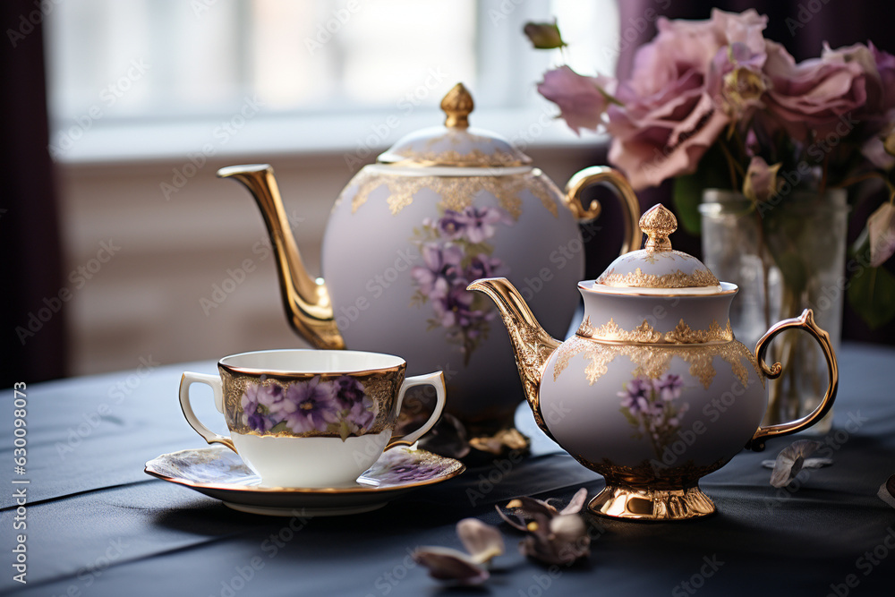 a charming afternoon tea set with a sugar bowl and creamer, accompanied by a teapot and tea cups Generative AI a charming afternoon tea set with a sugar bowl and creamer, accompanied by a teapot and tea cups Generative AI