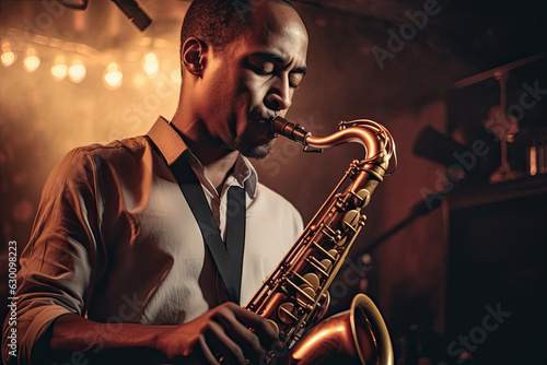 Generative AI illustration of african american male musician in with a shirt standing near microphone and playing alto saxophone during concert photo