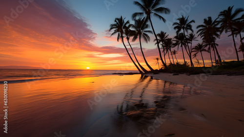 Sunset Serenity  Tranquil Beach Scene with Silhouetted Palm Trees   Generative AI