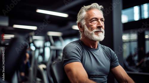 Strength without age: elderly athletic man, in excellent physical shape, in the gym, Generative AI