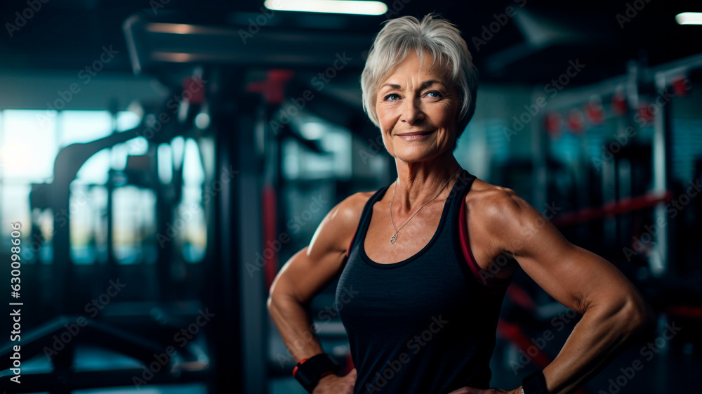Fototapeta premium Strength without age: elderly athletic woman, in excellent physical shape, in the gym, Generative AI