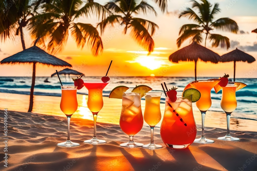 Silhouettes of swaying palms against a vibrant sky; a chilled glass adorned with a pineapple slice rests on golden sand, kissed by the evening sun's glow.