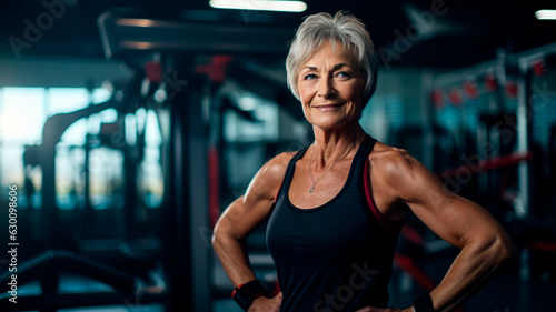 Strength without age  elderly athletic woman  in excellent physical shape  in the gym  Generative AI